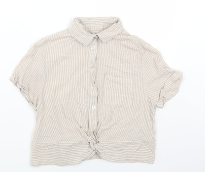 Cropp Womens Beige Striped Viscose Cropped Button-Up Size XS Collared