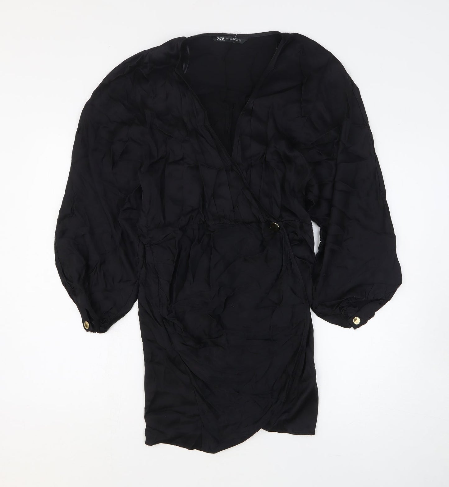 Zara Womens Black Viscose Shirt Dress Size M V-Neck Pullover