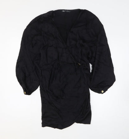 Zara Womens Black Viscose Shirt Dress Size M V-Neck Pullover