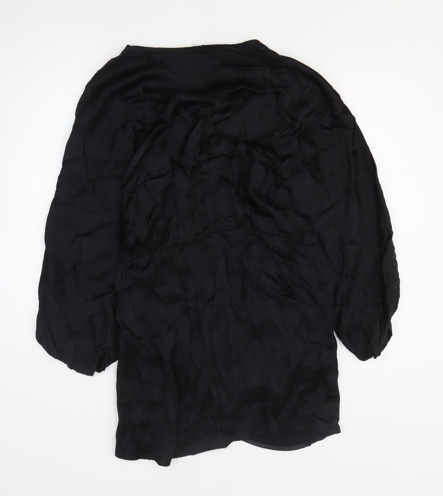 Zara Womens Black Viscose Shirt Dress Size M V-Neck Pullover