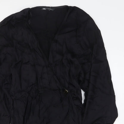 Zara Womens Black Viscose Shirt Dress Size M V-Neck Pullover
