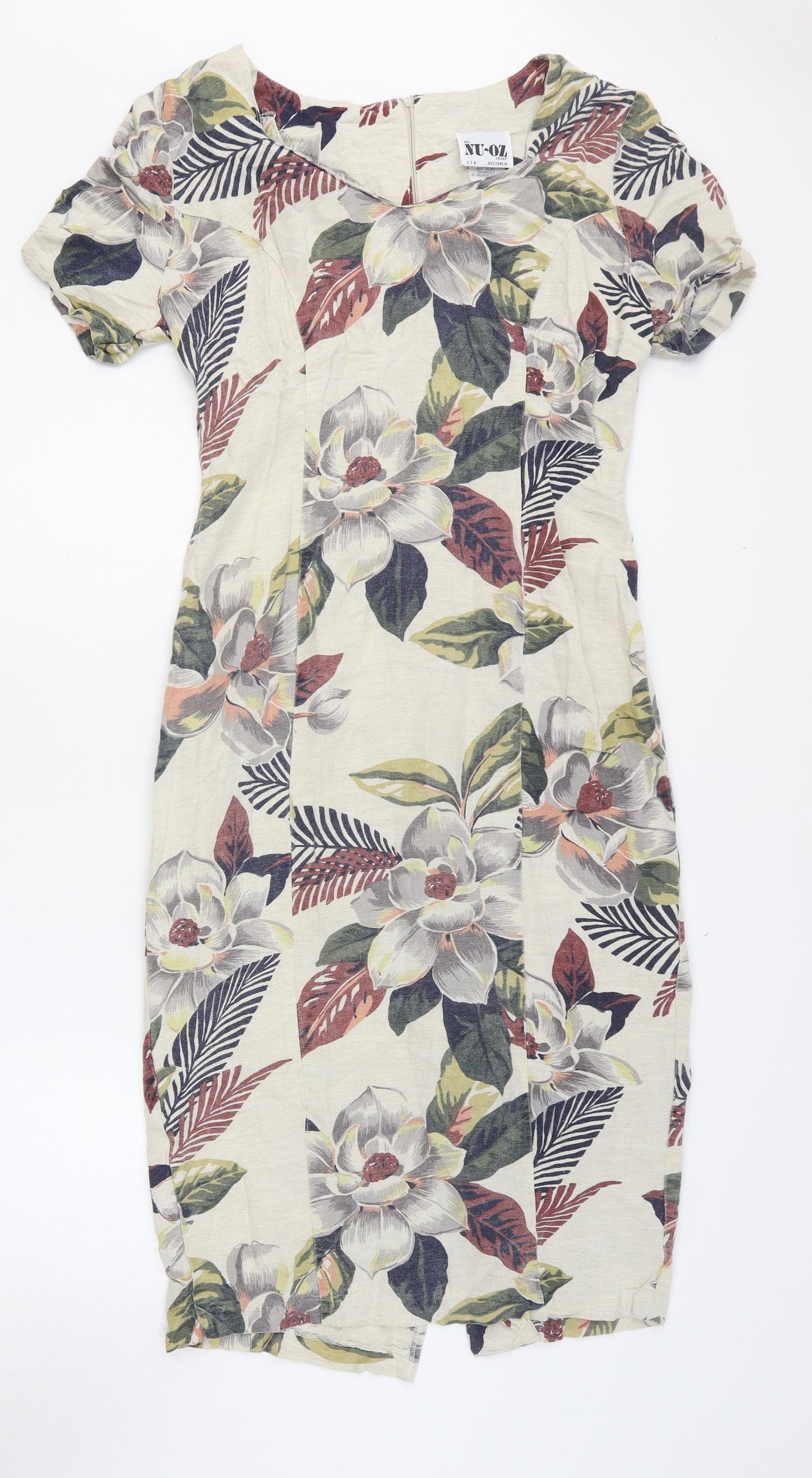 NU-OZ Womens White Floral Polyester A-Line Size 10 Boat Neck Zip