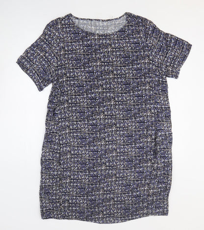 John Lewis Womens Blue Geometric Viscose T-Shirt Dress Size L Round Neck Pullover