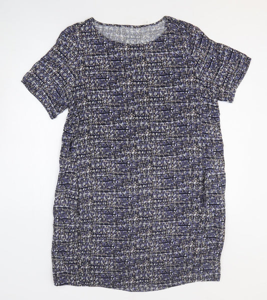 John Lewis Womens Blue Geometric Viscose T-Shirt Dress Size L Round Neck Pullover