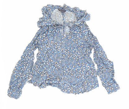 Marks and Spencer Womens Blue Floral Viscose Basic Blouse Size 8 Round Neck - Flowers
