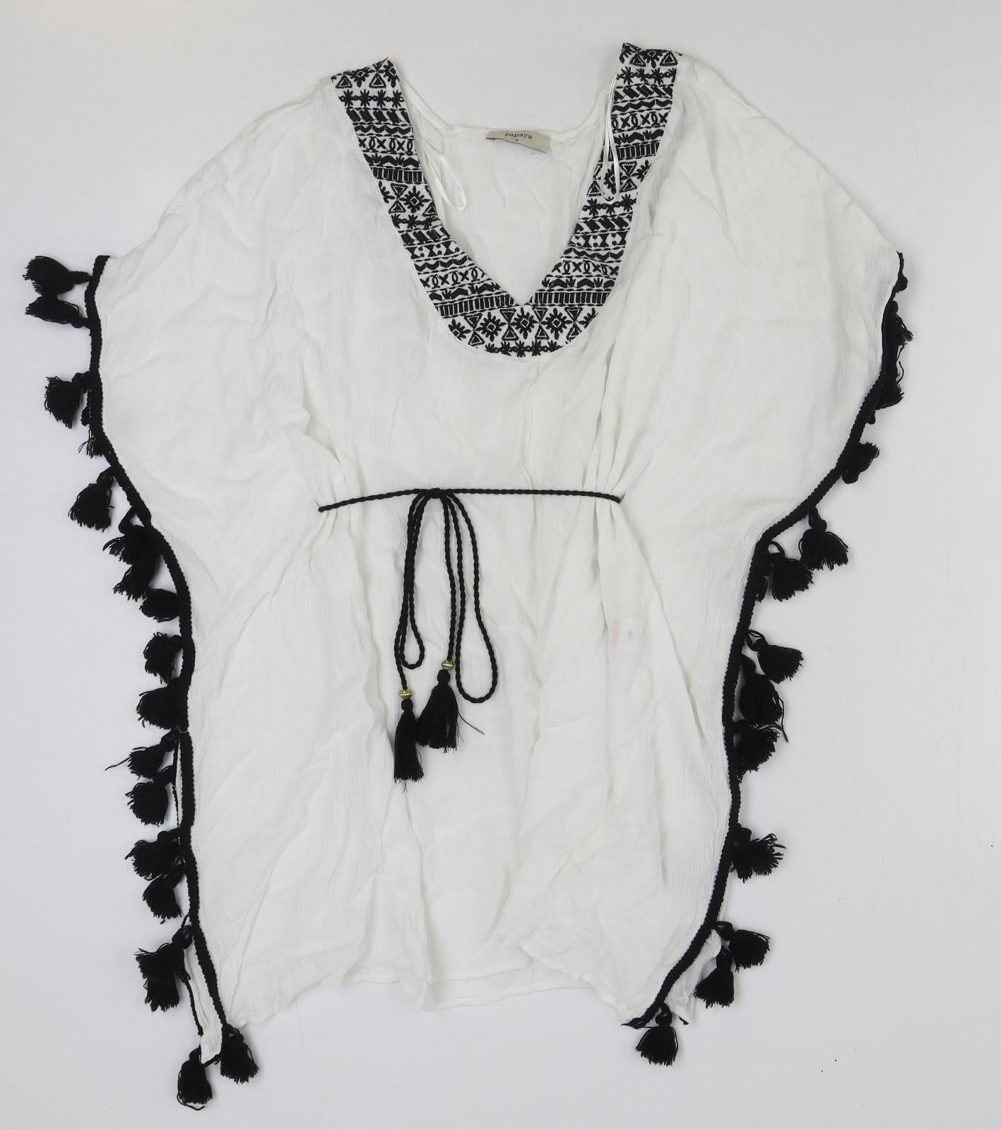 Papaya Womens White Geometric Viscose Basic Blouse Size S Scoop Neck