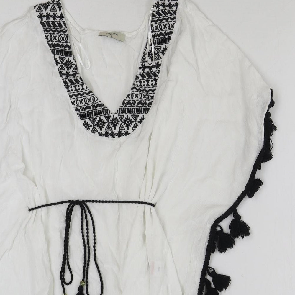 Papaya Womens White Geometric Viscose Basic Blouse Size S Scoop Neck