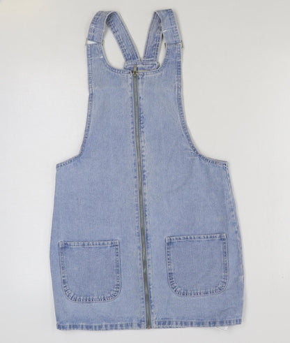 Denim & Co. Womens Blue Cotton Pinafore/Dungaree Dress Size 8 Square Neck Buckle
