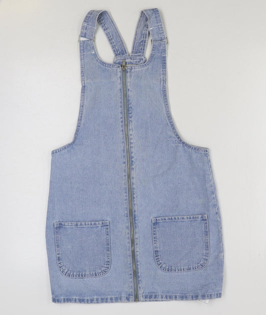 Denim & Co. Womens Blue Cotton Pinafore/Dungaree Dress Size 8 Square Neck Buckle