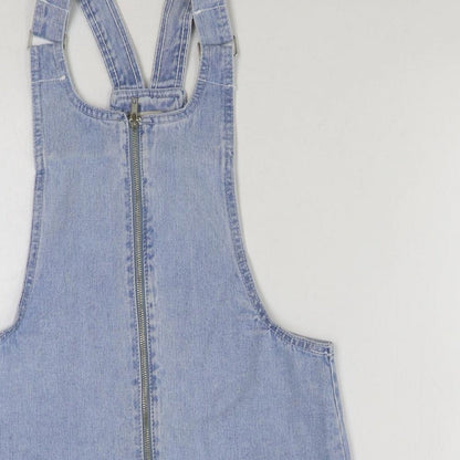 Denim & Co. Womens Blue Cotton Pinafore/Dungaree Dress Size 8 Square Neck Buckle