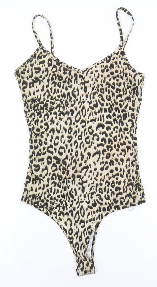 PRETTYLITTLETHING Womens Beige Animal Print Polyester Bodysuit One-Piece Size 8 Snap - Cheetah Print