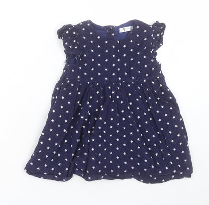 Very Girls Blue Geometric Cotton A-Line Size 2-3 Years Crew Neck Button - Star Pattern