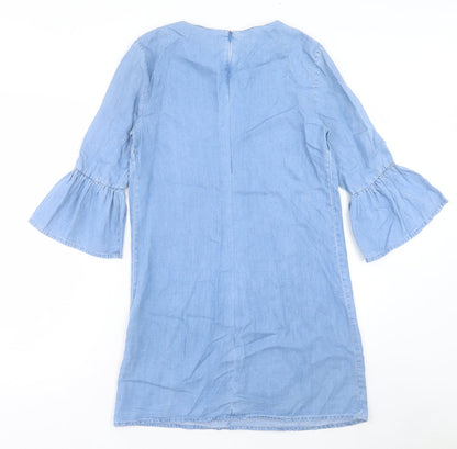 Zara Womens Blue Cotton Shift Size S Round Neck Zip