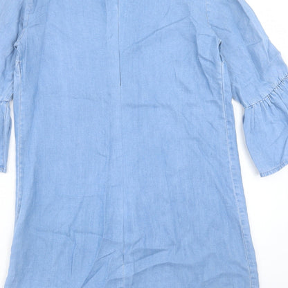 Zara Womens Blue Cotton Shift Size S Round Neck Zip