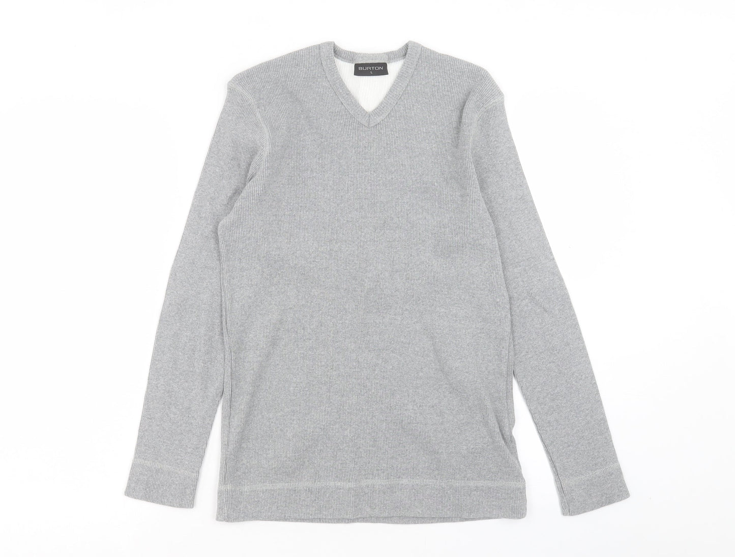 Burton Mens Grey V-Neck Cotton Pullover Jumper Size L