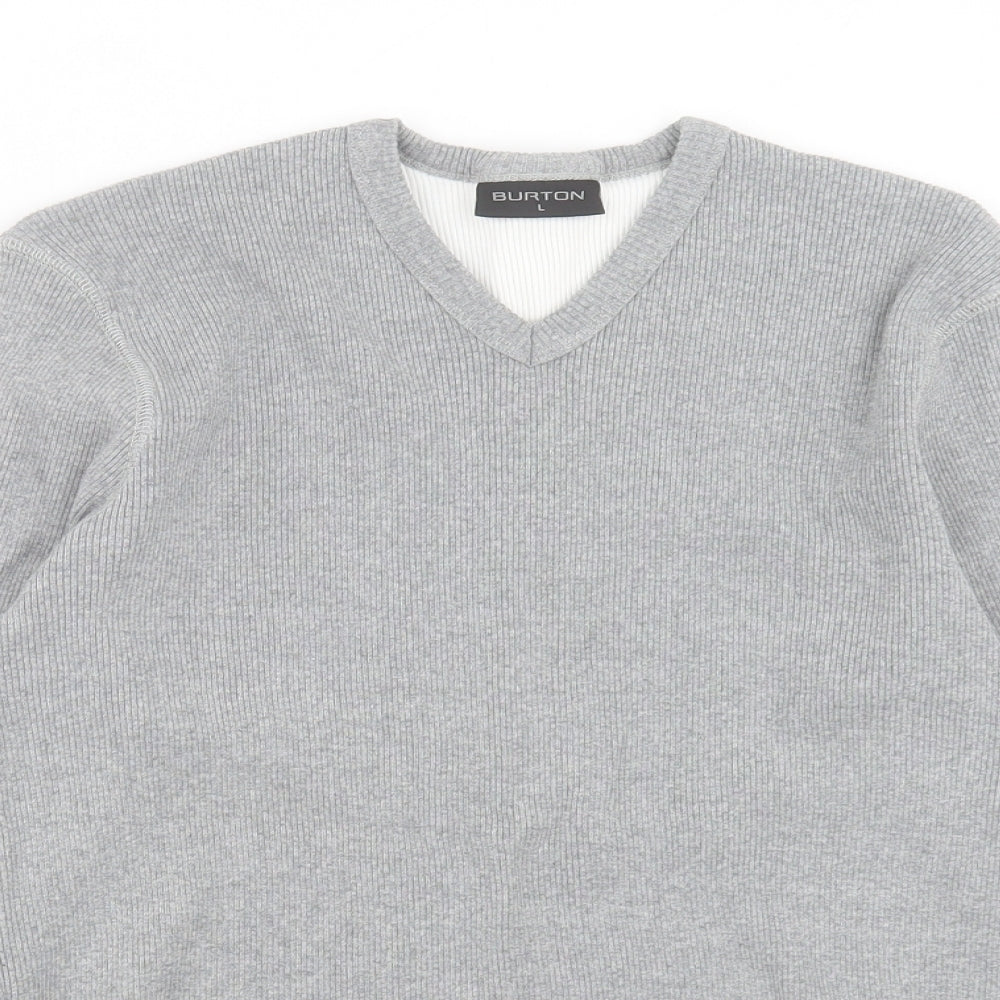 Burton Mens Grey V-Neck Cotton Pullover Jumper Size L