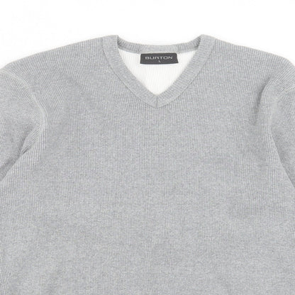 Burton Mens Grey V-Neck Cotton Pullover Jumper Size L