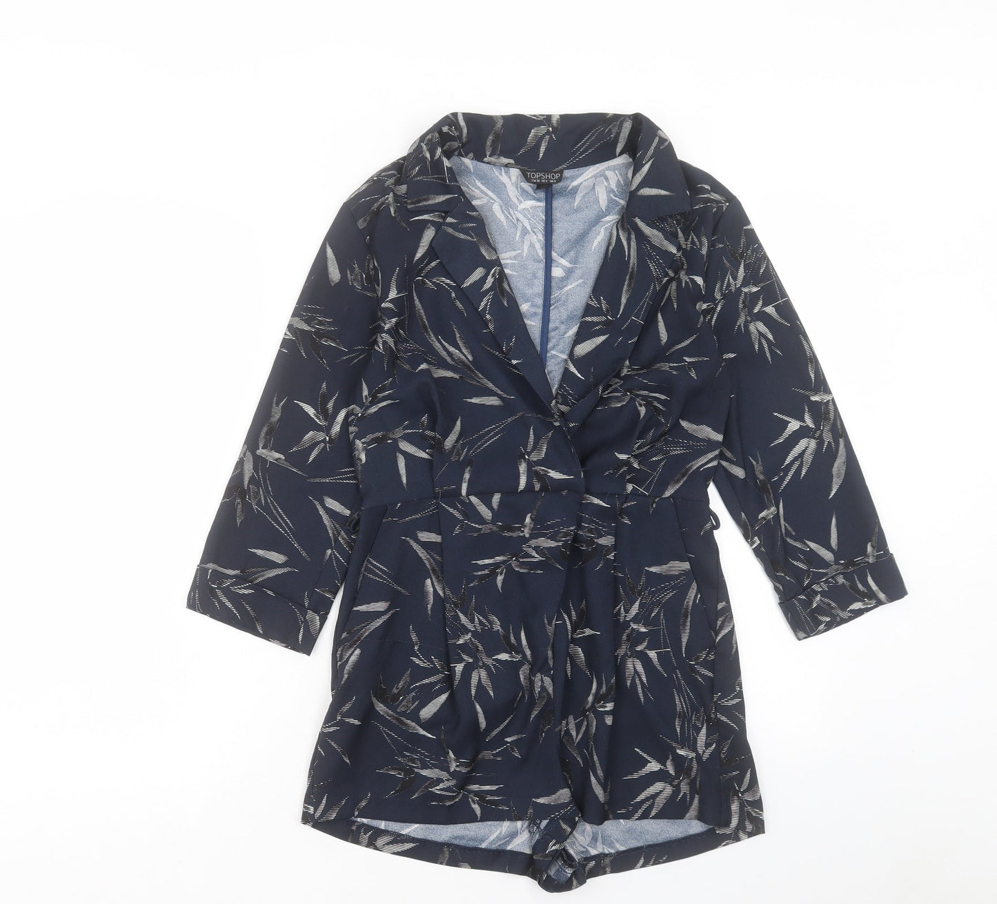 Topshop Womens Blue Floral Polyester Playsuit One-Piece Size 8 Button - Leaf Pattern