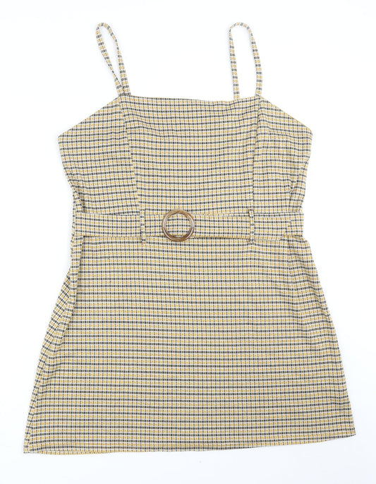 Primark Womens Yellow Plaid Viscose Mini Size 20 Square Neck Pullover