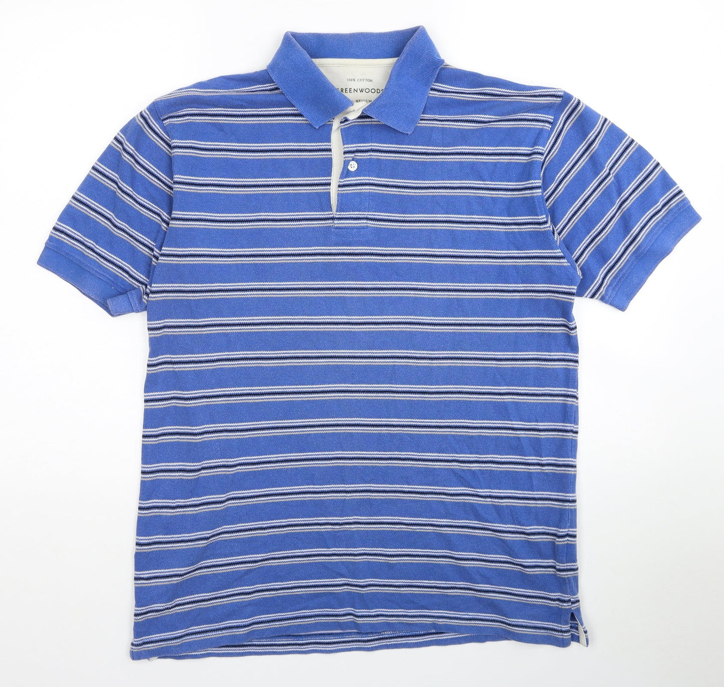 Greenwoods Mens Blue Striped Cotton Polo Size M Collared Pullover