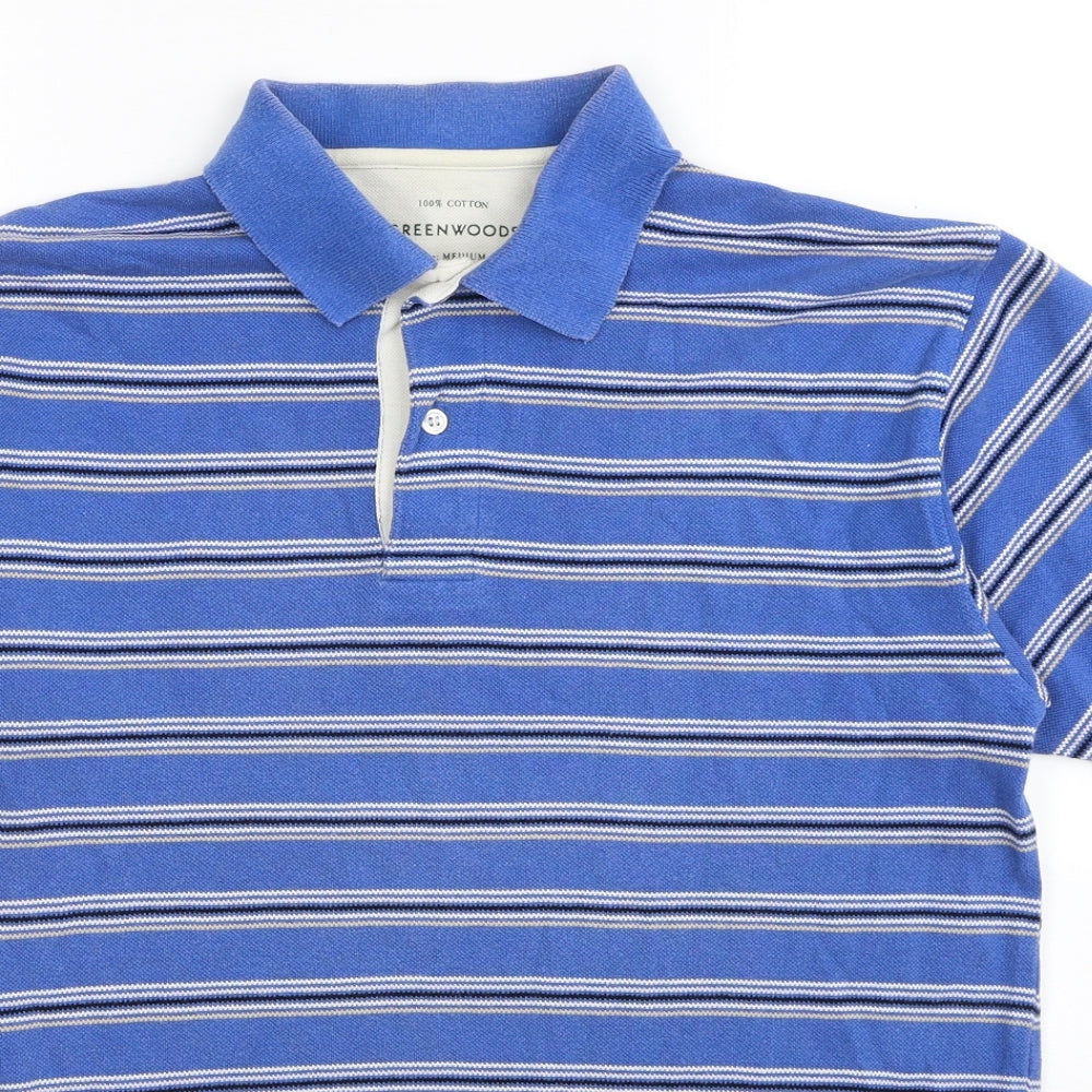 Greenwoods Mens Blue Striped Cotton Polo Size M Collared Pullover