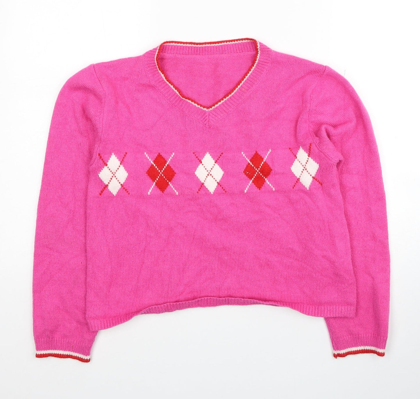 SheIn Womens Pink Round Neck Argyle/Diamond Polyester Pullover Jumper One Size