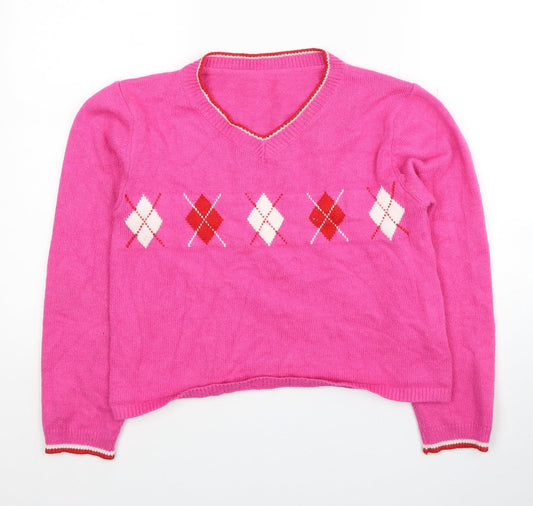 SheIn Womens Pink Round Neck Argyle/Diamond Polyester Pullover Jumper One Size