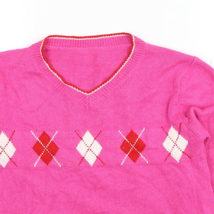 SheIn Womens Pink Round Neck Argyle/Diamond Polyester Pullover Jumper One Size
