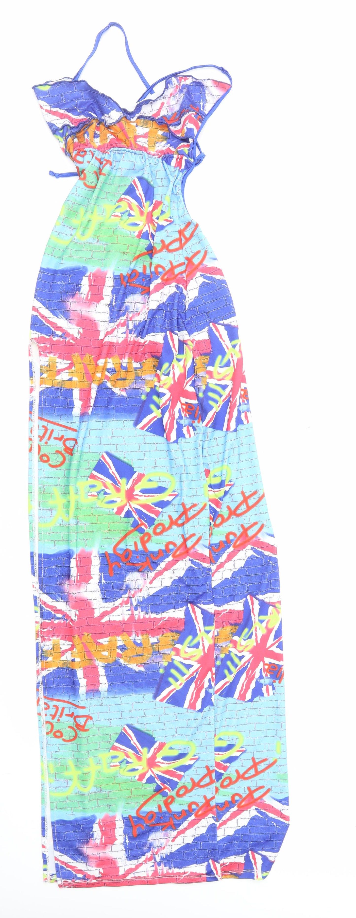 Roma Hollywood Womens Multicoloured Geometric Nylon Maxi Size S V-Neck Tie - Lace Up Back