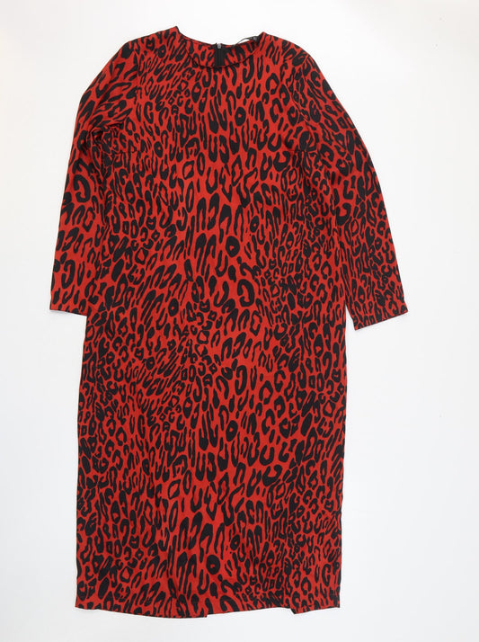 Zara Womens Red Animal Print Polyester A-Line Size M Round Neck Zip - Leopard Print