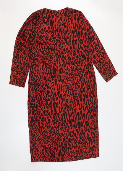Zara Womens Red Animal Print Polyester A-Line Size M Round Neck Zip - Leopard Print