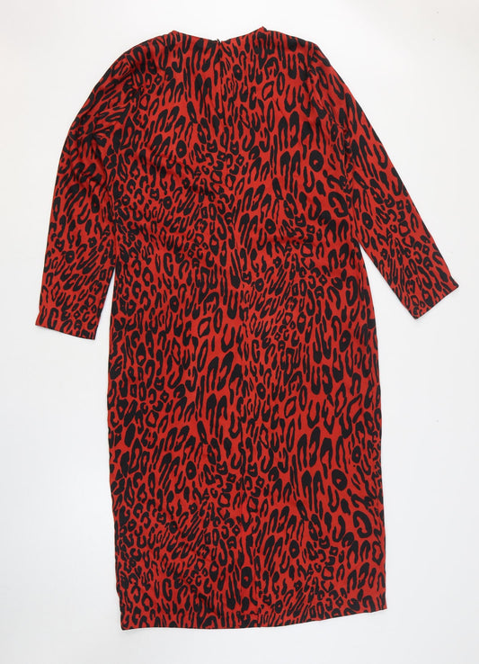 Zara Womens Red Animal Print Polyester A-Line Size M Round Neck Zip - Leopard Print