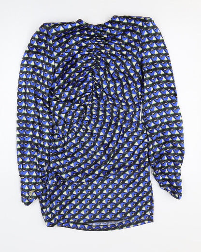 Zara Womens Blue Geometric Polyester A-Line Size M Off the Shoulder Zip