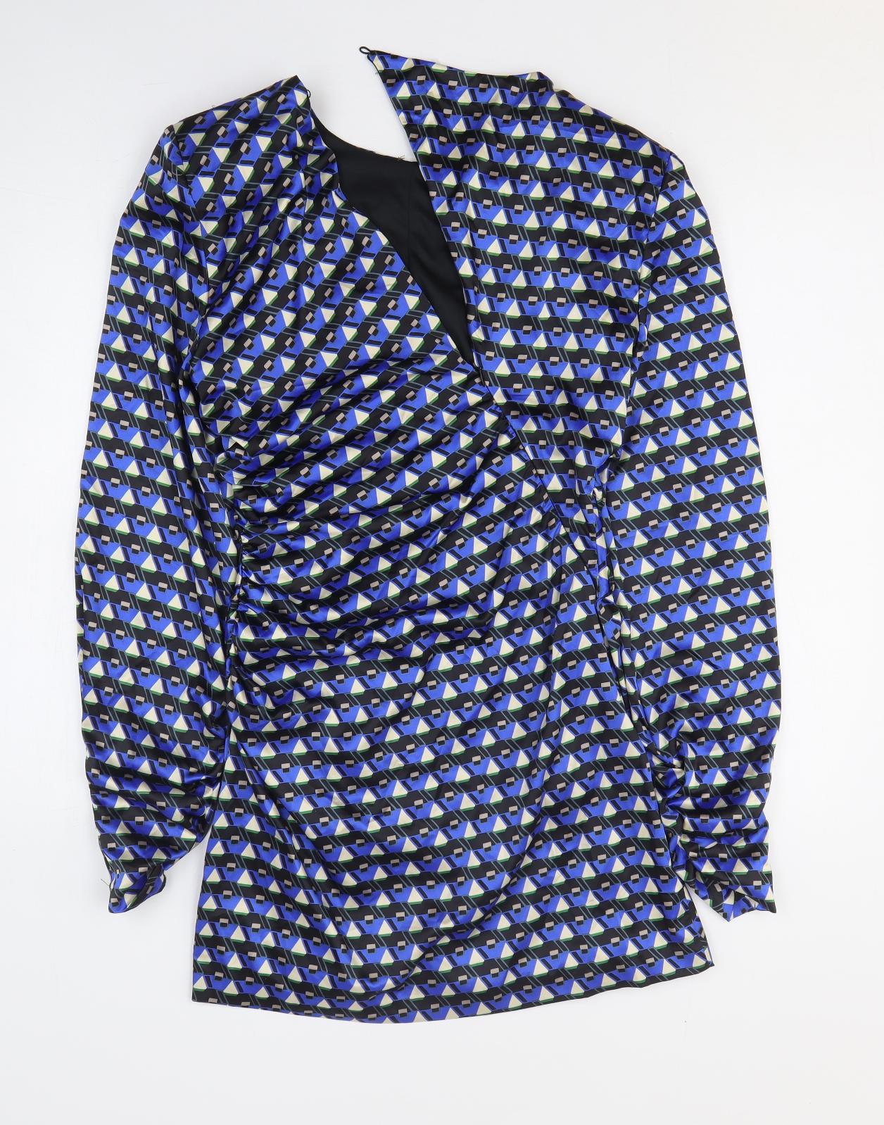 Zara Womens Blue Geometric Polyester A-Line Size M Off the Shoulder Zip
