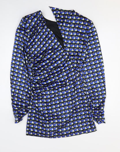 Zara Womens Blue Geometric Polyester A-Line Size M Off the Shoulder Zip