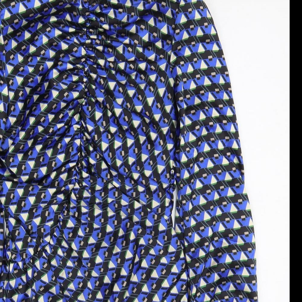 Zara Womens Blue Geometric Polyester A-Line Size M Off the Shoulder Zip