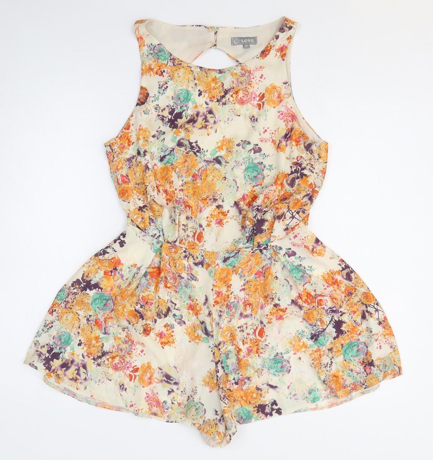 Love Womens Orange Floral Polyester Romper One-Piece Size M Pullover - Open Back