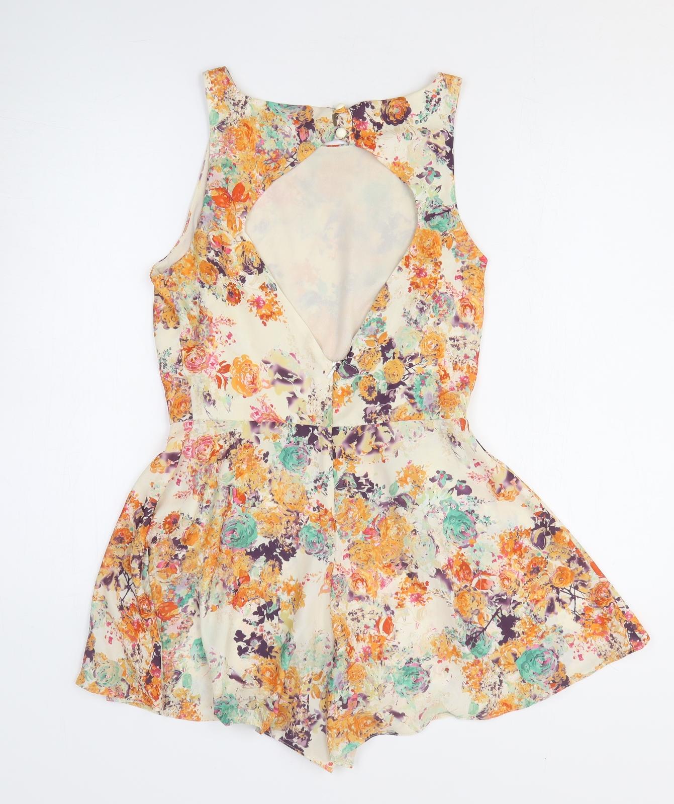 Love Womens Orange Floral Polyester Romper One-Piece Size M Pullover - Open Back