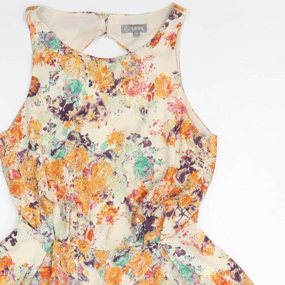 Love Womens Orange Floral Polyester Romper One-Piece Size M Pullover - Open Back