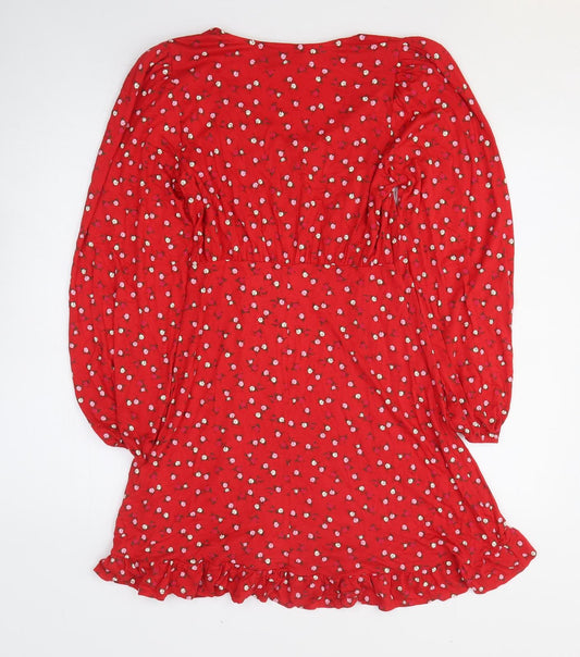New Look Womens Red Floral Viscose Fit & Flare Size 8 V-Neck Pullover
