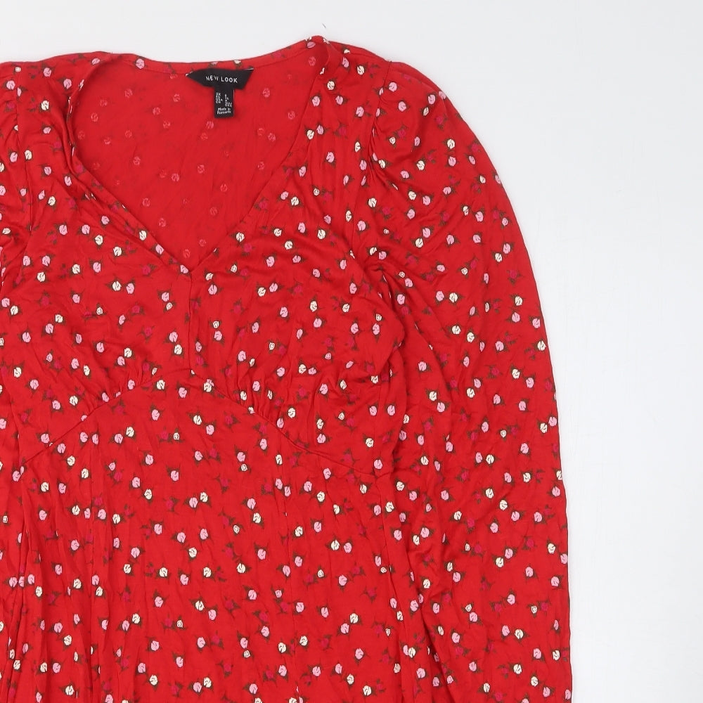 New Look Womens Red Floral Viscose Fit & Flare Size 8 V-Neck Pullover