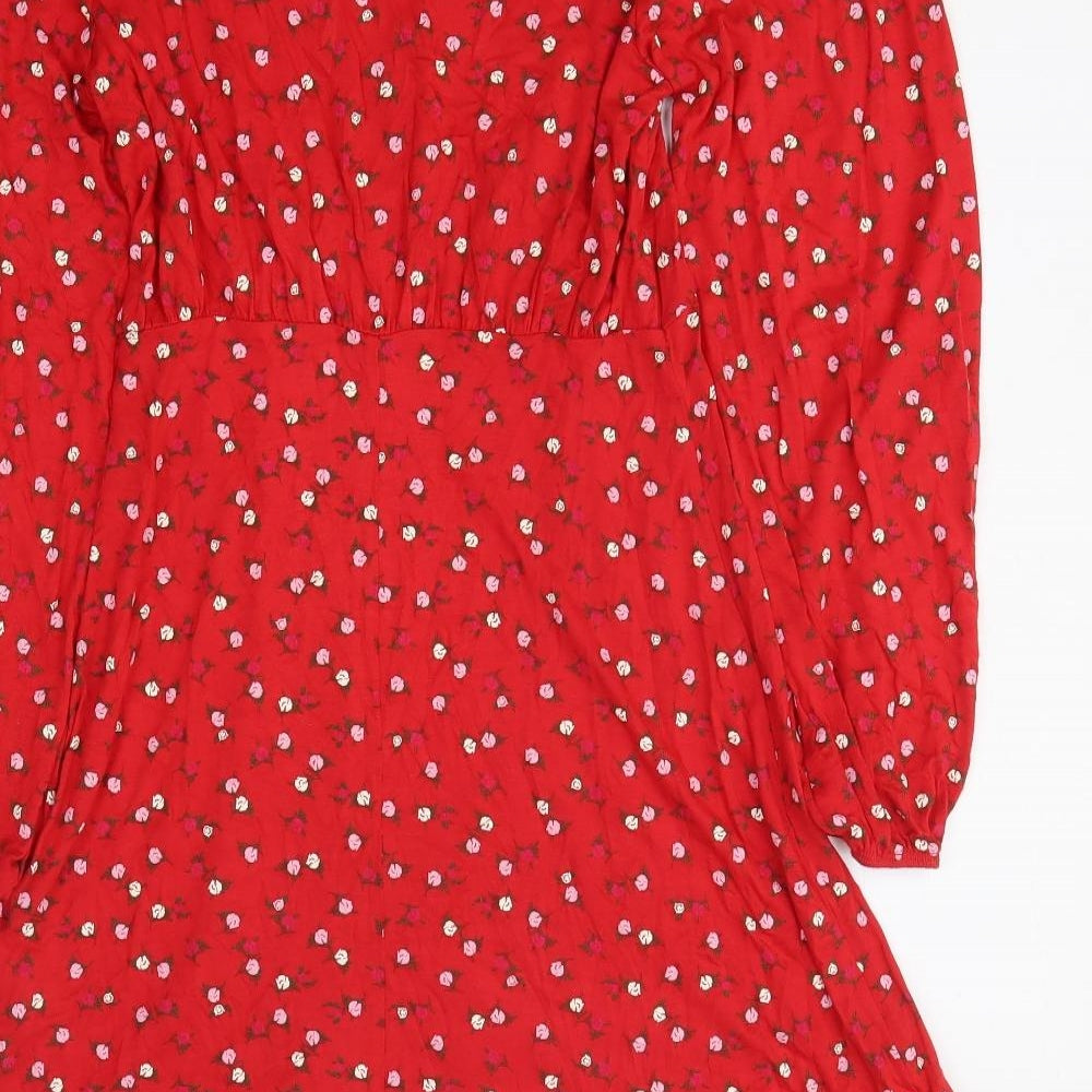 New Look Womens Red Floral Viscose Fit & Flare Size 8 V-Neck Pullover