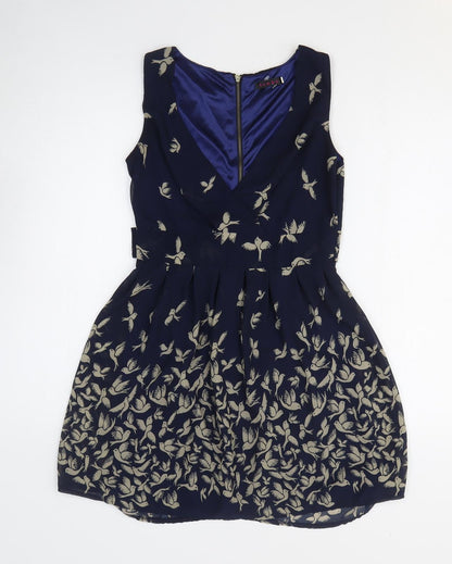 Lenki Womens Blue Geometric Cotton Fit & Flare Size M V-Neck Zip - Bird Print