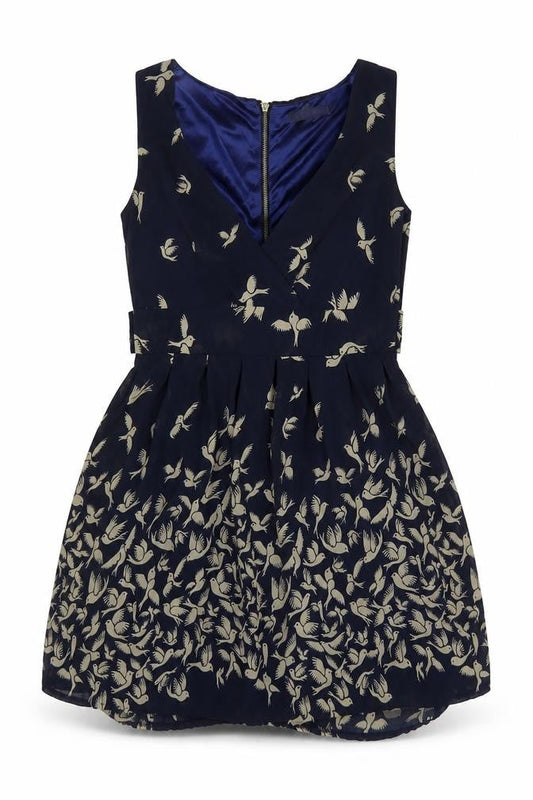 Lenki Womens Blue Geometric Cotton Fit & Flare Size M V-Neck Zip - Bird Print