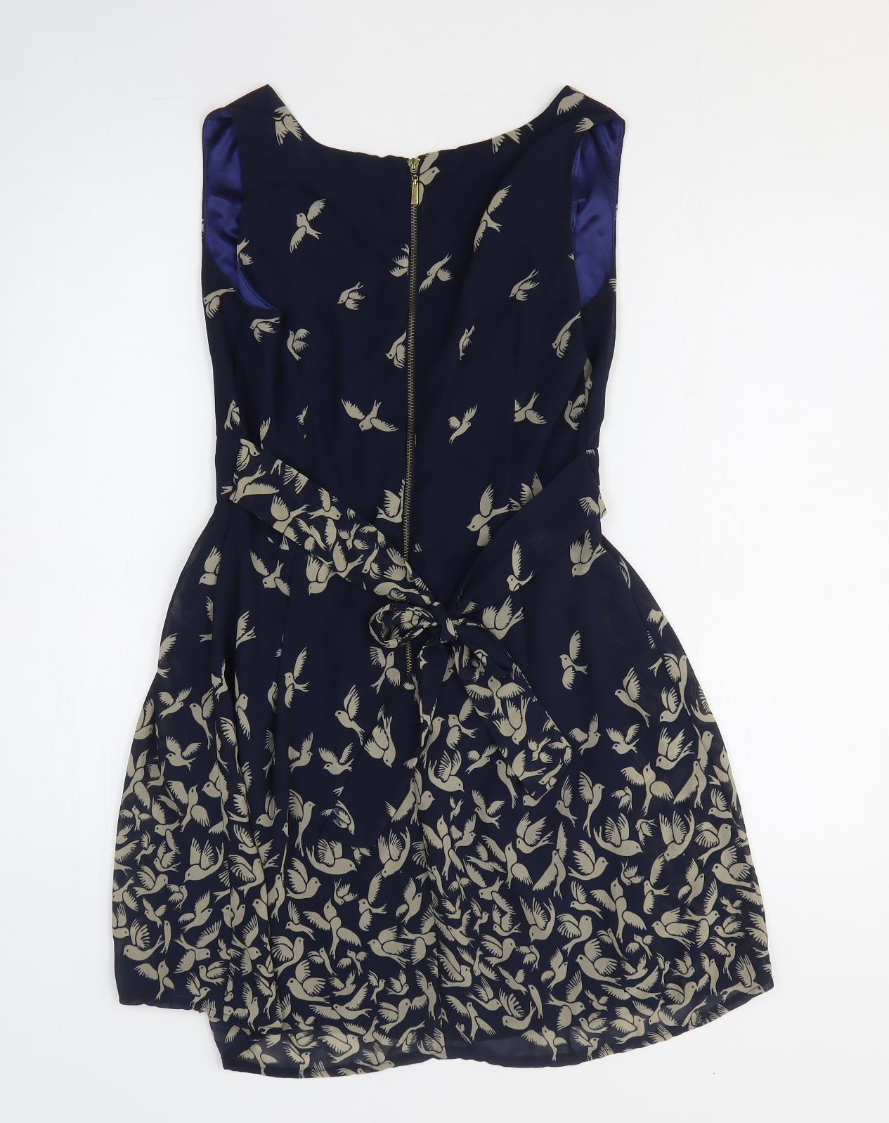 Lenki Womens Blue Geometric Cotton Fit & Flare Size M V-Neck Zip - Bird Print