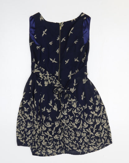 Lenki Womens Blue Geometric Cotton Fit & Flare Size M V-Neck Zip - Bird Print