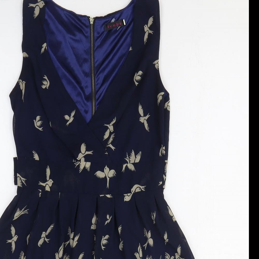 Lenki Womens Blue Geometric Cotton Fit & Flare Size M V-Neck Zip - Bird Print