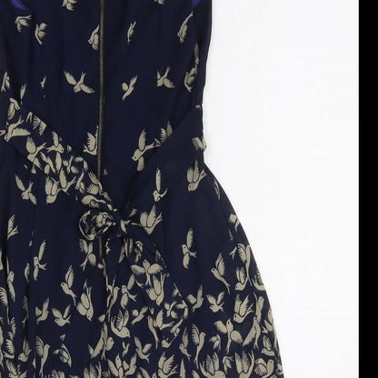 Lenki Womens Blue Geometric Cotton Fit & Flare Size M V-Neck Zip - Bird Print