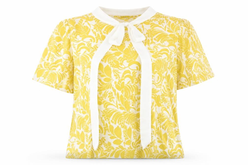 Marks and Spencer Womens Yellow Geometric Viscose Basic Blouse Size 12 Round Neck