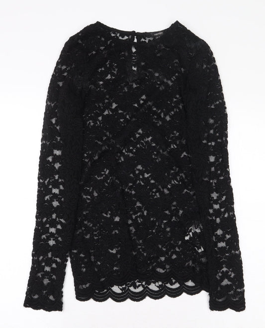 FOREVER 21 Womens Black Floral Nylon Basic Blouse Size M Boat Neck